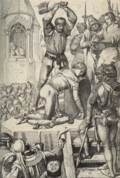 De executie van Conradin (of Conrad van Hohenstaufen) koning van Sicilië en hertog van Zwaben (1252-1268) op bevel van Karel van Anjou na de slag bij Tagliacozzo in 1268