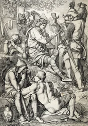 Oorlog tegen de Vikingen: De koning van Wessex Alfred I de Grote (846-899) vermomd als harpist betreedt het kamp van Guthrum om zijn strijdplannen te ontdekken, Somerset 878