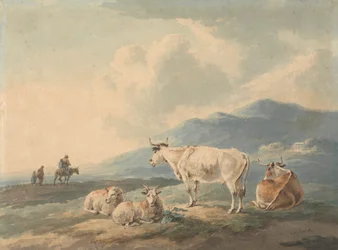 Berglandschap: met koeien en geiten op de voorgrond en figuren links