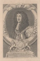 Karel II, koning van Engeland, Schotland, Frankrijk en Ierland, gegraveerd door George Vertue