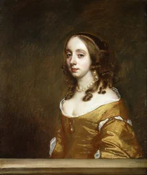Portret van een dame van de Popham-familie, halflang, achter een venster, gekleed in een oranje jurk