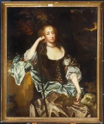 Portret van een dame met haar huisdier lam aan haar zijde