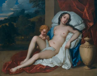 Portret van een jonge vrouw (Barbara Villiers of Nell Gwyn) en kind, als Venus en Cupido