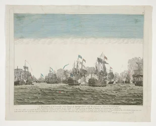 Een weergave van de gedenkwaardige actie tussen de Britse vloot onder bevel van admiraal Lord Rodney en de Franse vloot onder bevel van de Graaf de Graffe, tussen de eilanden Dominica en Guadeloupe 12 april 1782