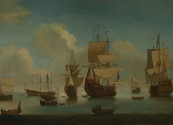 Engelse oorlogsschepen voor anker in een kalme zee, begin 18e eeuw