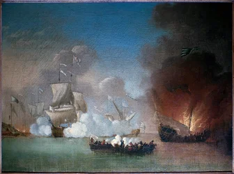 Zeeslag tussen een Portugees oorlogsschip en stekelige piratengaleien, circa 1685