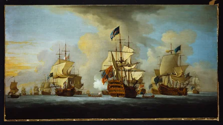 De Engelse vloot voor anker met het admiraalsschip dat signalen geeft aan de vice- en achteradmiraals van de witte en blauwe eskaders