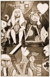 De koning en koningin van Harten zaten op hun troon, illustratie voor Lewis Carrolls Alice