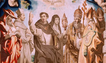 Vlaams wandtapijt. Serie De Triomf van de Eucharistie. De verdedigers van de Eucharistie