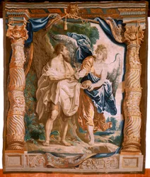 Vlaams wandtapijt. Serie De Triomf van de Eucharistie. De profeet Elias wordt getroost door de engel. Vijfde wandtapijt in de serie. Model Peter Paul Rubens. 1626-1628. Manufacture Jacob II Geubels, Brussel.