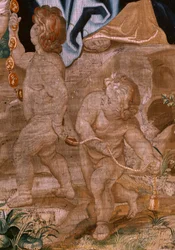 Vlaamse wandtapijt. Serie De Triomf van de Eucharistie. De opvolging van de pausen. Achttiende wandtapijt in de serie. Model Peter Paul Rubens. 1626-1628. Fabrikant Jan II Raes, Hans Vervoert, Brussel.