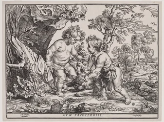 Kind Christus en Sint Jan spelen met een lam, gravure door Christoffel Jegher (1596-1653), na 1632