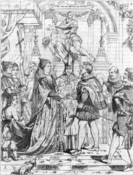 Huwelijk bij volmacht van Marie de Medici (1576-1642) met Hendrik IV in Florence, 5 oktober 1600. Gravure door Pierre Paul Rubens (1577-1640).