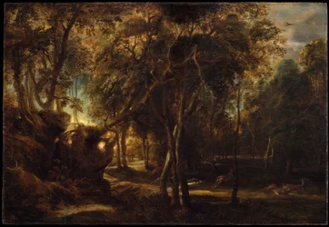 Een bos bij zonsopgang met een hertenjacht, ca. 1635