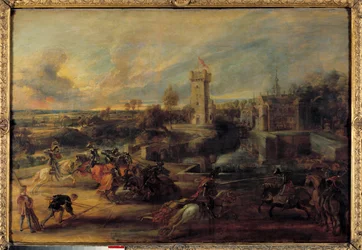 Een toernooi bij de putten van Kasteel Steen (Middeleeuwen). Vlaams schilderij door Pierre Paul Rubens (1577-1640)