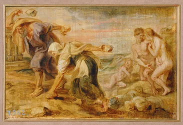 Deucalion en Pyrrha, scheppers van de mensheid na de eerste zondvloed (schilderij op hout)