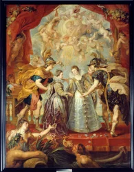 Uitwisseling van de twee prinsessen van Frankrijk en Spanje op de Bidassoa-rivier in Hendaye, 9/11/1615 Allegorische voorstelling van het huwelijk tussen Anna van Oostenrijk en Lodewijk XIII enerzijds, tussen Isabella van Frankrijk (1602-1644) en Filips IV
