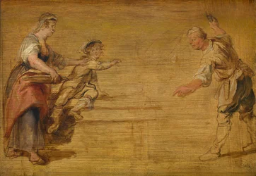 Keukenmeid, slager en jongen rond een tafel
