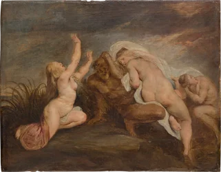 Nimfen en de riviergod (Fragment van een afbeelding van de val van Phaeton)