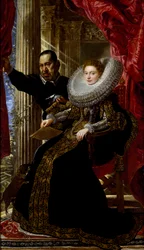 Portret van een jonge aristocratische dame met een dwerg