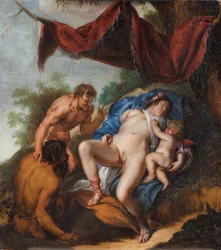 Slapende Venus met Cupido gadegeslagen door saters