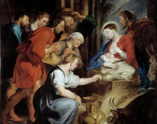De Aanbidding van de Herders (detail). Schilderij door Pierre Paul Rubens (1577-1640) 17e eeuw. Rouen, Musée des Beaux-Arts
