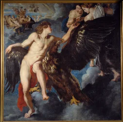 De ontvoering van Ganymedes: Terwijl hij zijn kudde weidt op de berg Ida bij Troje, verandert Zeus in een adelaar, neemt hem mee om hem zijn minnaar en schenker der goden te maken. Schilderij uit het atelier van Pierre Paul (Pierre-Paul) Rubens (of Peter