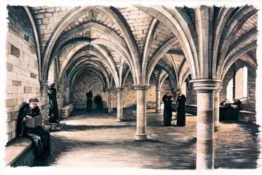 Monniken in de gemeenschappelijke ruimte van Battle Abbey, East Sussex, 12e eeuw c. 1990-2010