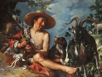 Een herder die op een heuvel fluit, een hond en zijn kudde in de buurt