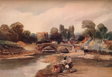 Een Dorp aan een Rivier, met Brug en Ruïnes