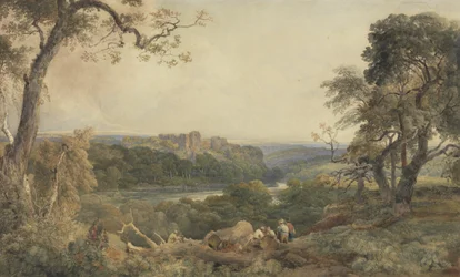 Kasteel boven een rivier, houthakkers op de voorgrond