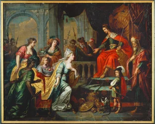 De koningin van Sheba voor Salomo (olieverf op leer)