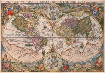 1594 dubbele hemisfeer wereldkaart door Petrus Plancius
