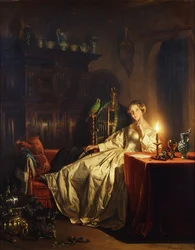 Een door kaarslicht verlicht interieur met een dame aan een tafel, 1865