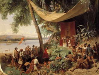 De eerste mis in Amerika (15e eeuw). Mis op Cuba in 1494, tweede reis van Columbus naar Havana. Detail