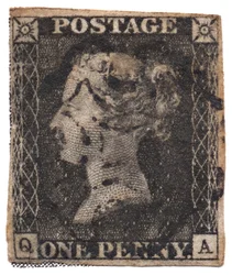 One Penny Black, de eerste postzegel ter wereld, ca. 1840