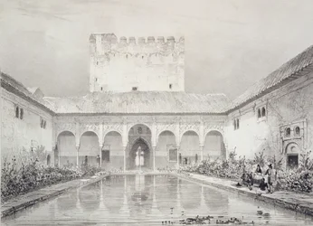 Zwembad en fontein in de binnenplaats van de Alberca, Alhambra, Plaat 21 uit 