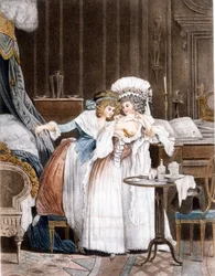 Debucourt. De herleefde vogel. Een vrouw plaatst een ziek vogeltje onder haar borst om het te laten herleven (gravure)