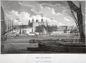 Uitzicht op de Tower of London met boten op de Theems, ca. 1790