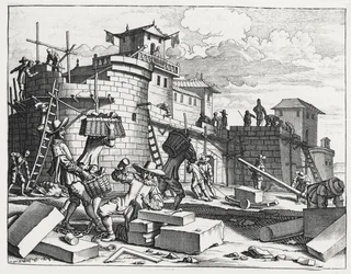 Portugese krijgsgevangenen bouwen een fort bij Kandy (gravure)