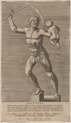 Saturnus, standbeeld van de naakte god die op een sokkel staat en een zeis in zijn rechterhand houdt