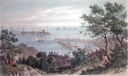 Het Koninklijk Eskader voor Anker, 2 september 1846, van het Bezoek van Koningin Victoria in Jersey, gegraveerd door H. Walter