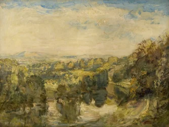 De rivier de Teme, avond, nabij Ludlow - De Clee Hills in de verte