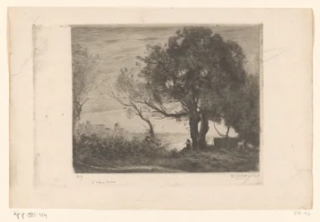 Landschap met fluitspeler onder een boom en silhouet van een stad