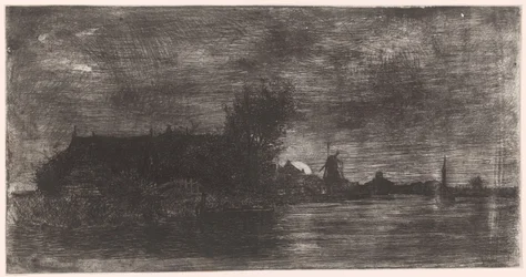 Landschap met huizen en molen aan het water