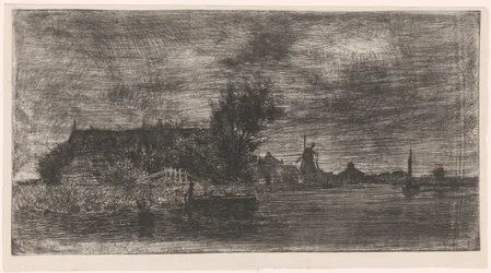 Landschap met huizen en molen aan het water