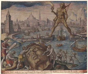 De Kolossus van Rhodos uit de serie De Acht Wereldwonderen naar Maarten van Heemskerck, 1572