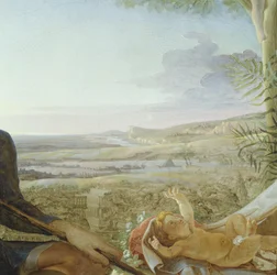 Christuskind en landschap van rust tijdens de vlucht naar Egypte (detail)