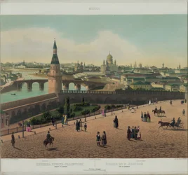 Uitzicht op de Kathedraal van Christus de Verlosser en het Kremlin van Moskou vanuit een panoramisch uitzicht op Moskou in 10 delen, ca. 1848