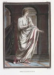 Britannicus, kostuum voor ‘Britannicus’ van Jean Racine, uit deel II van ‘Onderzoek naar de kostuums en het theater van alle naties’, gegraveerd door Pierre Michel Alix (1762-1817), 1802
